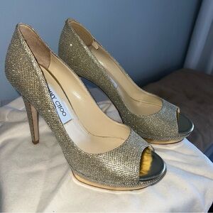Jimmy Choo 247 Tayten Gold Glitter Peep Toe Heels size 39 1/2